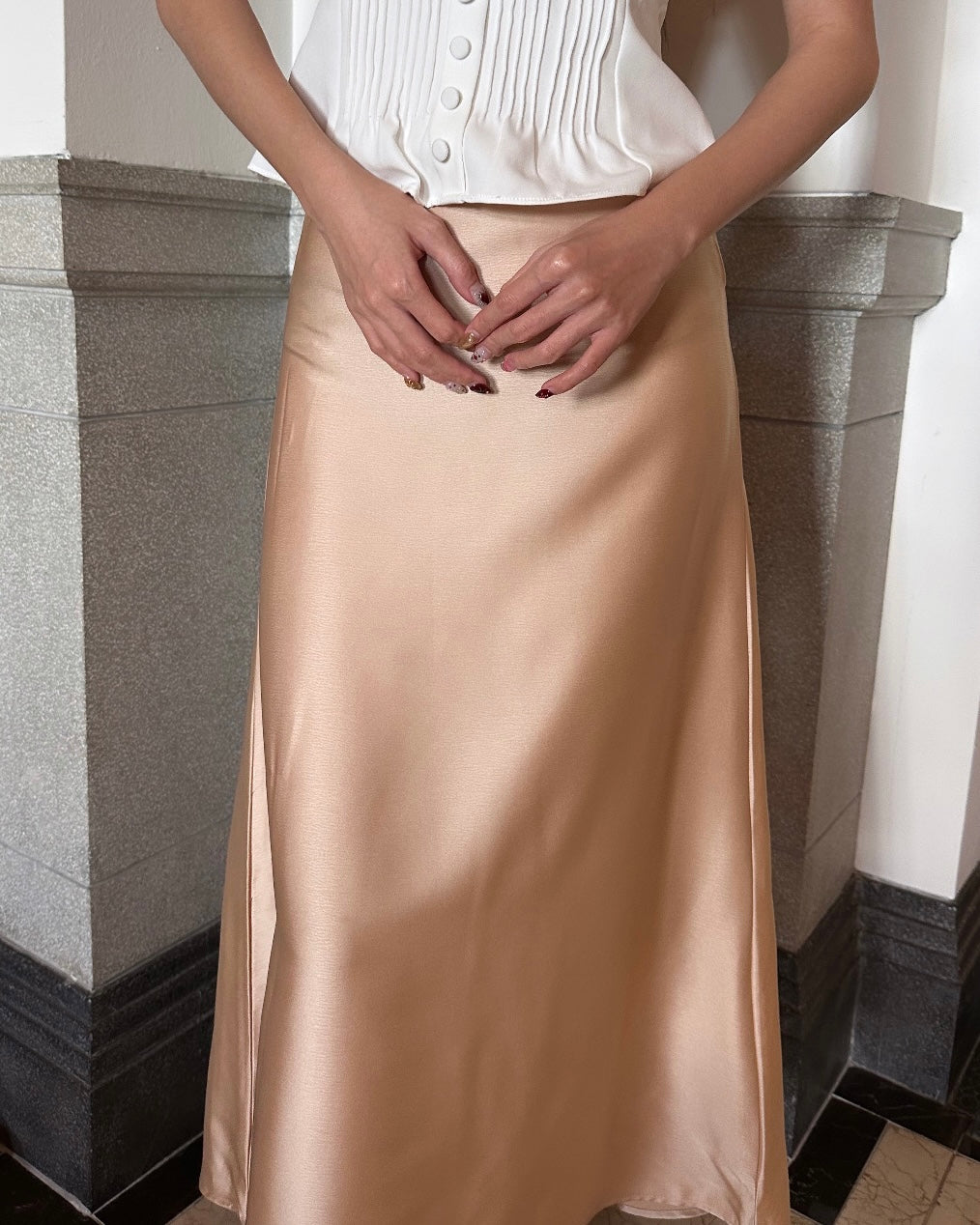 Pearlyn Champagne- Peach Satin Maxi Skirt