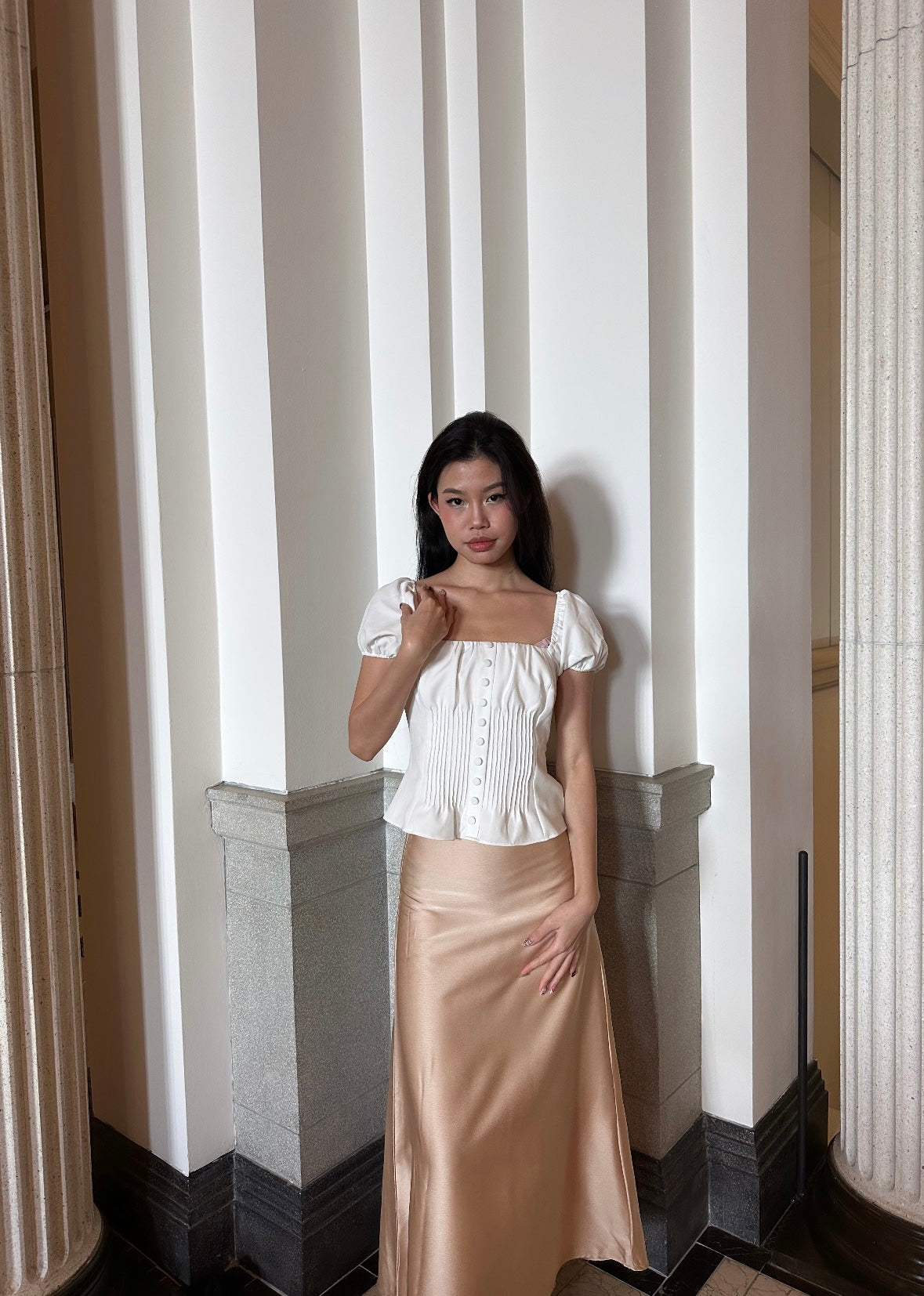 Pearlyn Champagne- Peach Satin Maxi Skirt