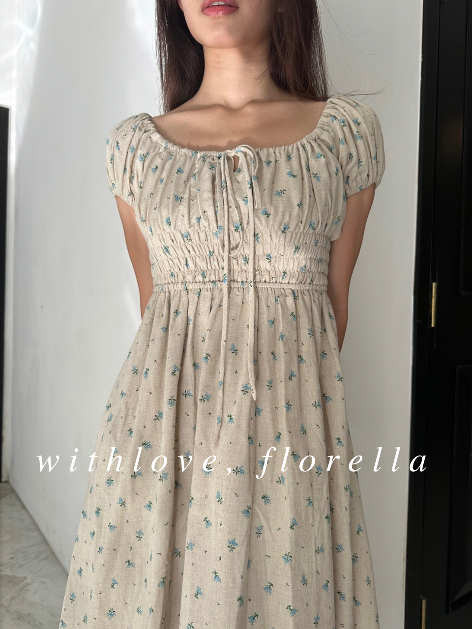 Linen Annabella Floral Midi Dress (Blue/Pink)