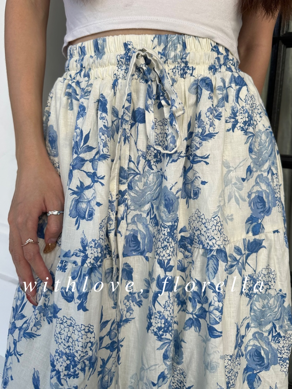 Linen Botanica Tier Maxi Skirt (White based)