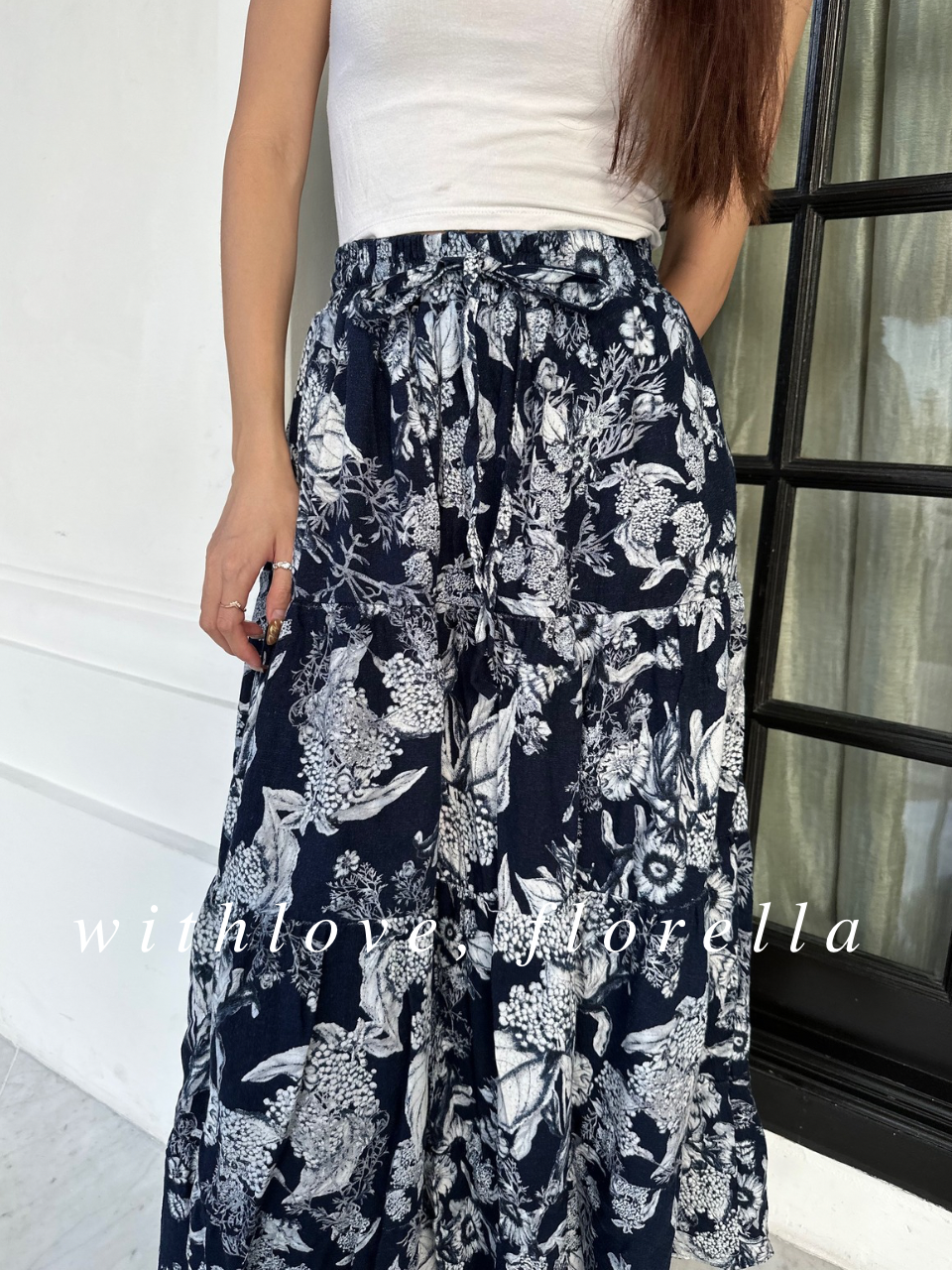 Linen Botanica Tier Skirt (Blue-Black Based)